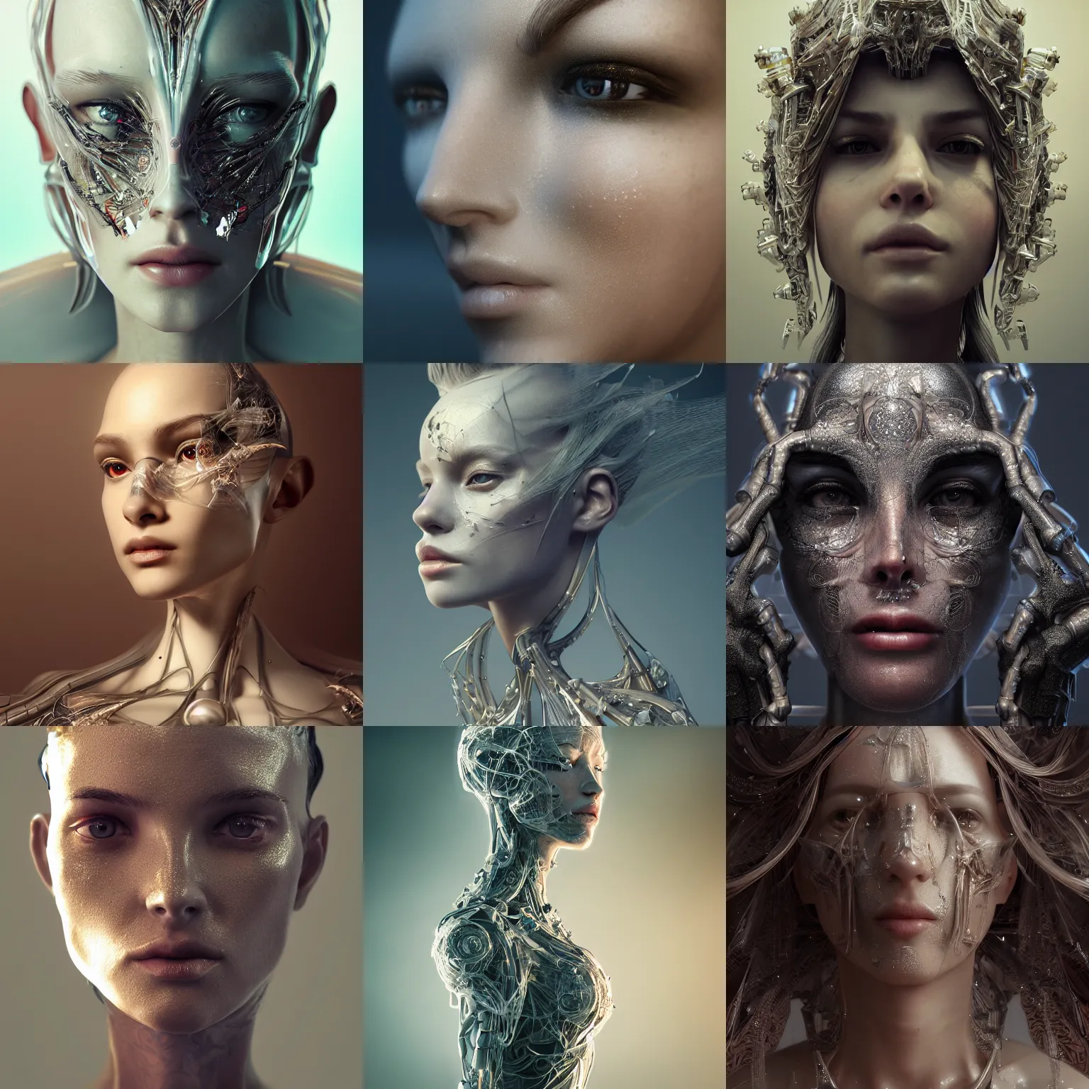 Prompt: portrait ethereal biomechanical, crystal incrustations, hyper - detailed face, elegant posed, intricate, octane render, cinematic lighting, cgsociety, unreal engine,