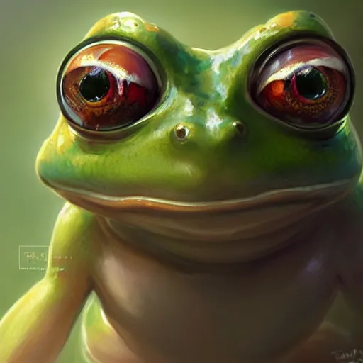 Prompt: An beautiful digital painting of a cute frog, detailed, by Stanley Artgerm Lau, WLOP, Rossdraws, James Jean, Andrei Riabovitchev, Marc Simonetti, and Sakimichan, tranding on artstation