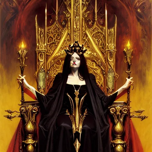 Image similar to full body portrait of beautiful vampire queen in gold gothic robes sitting on a throne of bones, elegant, highly detailed painting by gaston bussiere, craig mullins, j. c. leyendecker, 8 k, mid shot