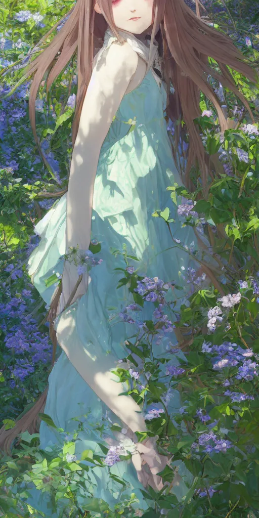 Image similar to a digital art of a loli with long hair in a dress in the privet garden at after noon, green and warm theme, blue accents, by krenz cushart and mucha and akihito yoshida and greg rutkowski and makoto shinkai, low angle, long shot, back lighting, detailed eyes, 4 k resolution, trending on art station