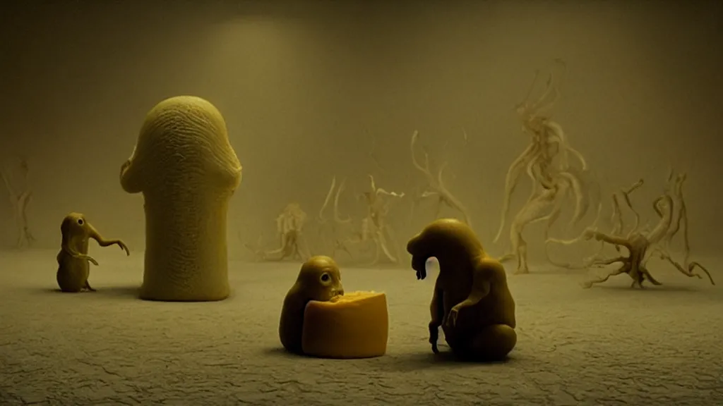 Image similar to the strange creature, made of milk and cheese, they look at me, film still from the movie directed by denis villeneuve and david cronenberg with art direction by salvador dali and zdzisław beksinski