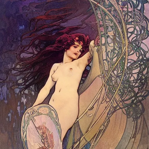 Prompt: a mermaid gazing wistfully at a passing ship. Alphonse Mucha. Greg Rutkowski