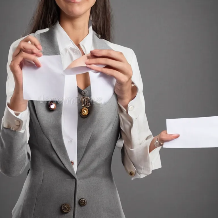Prompt: woman in suit with hexagon shaped buttons showing a piece of paper to the camera, stock photo,