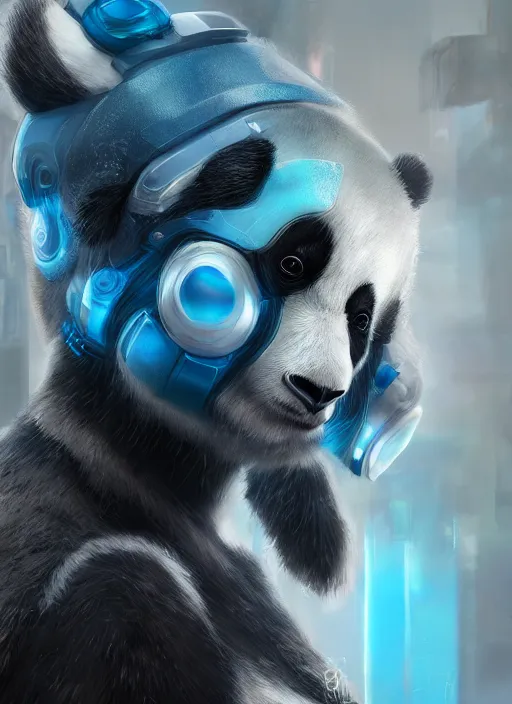 Image similar to female panda android, cyberpunk, blue tone, naturel, hyper detailed, digital art, trending in artstation, cinematic lighting, studio quality, smooth render, unreal engine 5 rendered, octane rendered, art style by klimt and nixeu and ian sprigger and wlop and krenz cushart