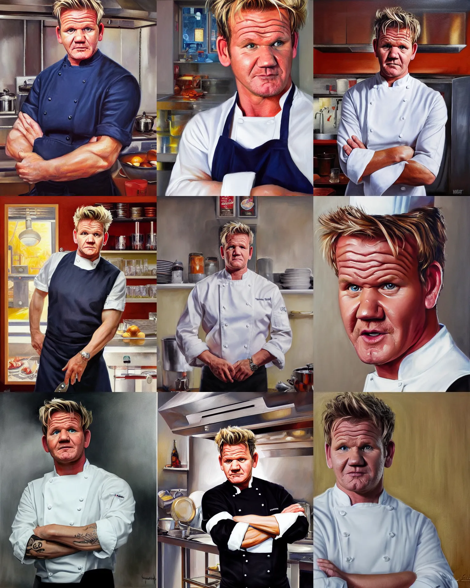 Prompt: a medium full shot portrait of gordon ramsay in a chef uniform in a kitchen, a fine art painting by mort kunstler, featured on deviantart, precisionism, oil on canvas, detailed painting, hyper realism