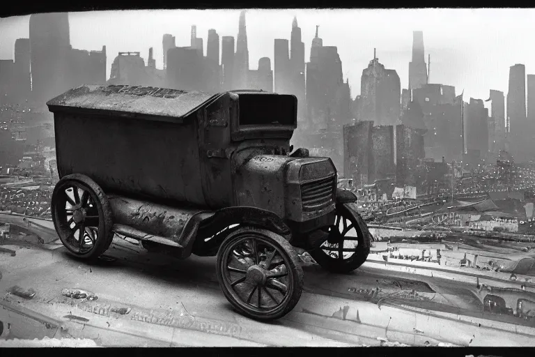 Image similar to cyberpunk 1 9 0 8 model ford t by paul lehr, metropolis, view over city, vintage film photo, scratched photo, scanned in, old photobook, silent movie, black and white photo
