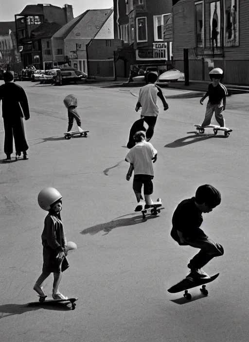 Prompt: 1 9 5 0 s kids skateboarding in the street by vivian maier. professional photography.