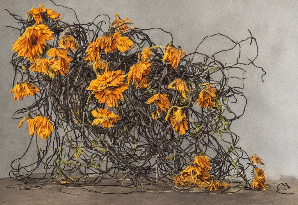 Image similar to award winning fine artwork about withered sunflowers and dry nasturtiums with vines, dark tones