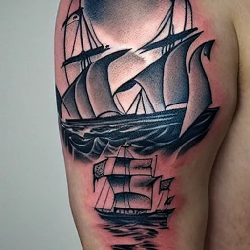 Image similar to A magical pirate ship tattoo design on white background, hyper realistic shaded tattoo, award winning tattoo