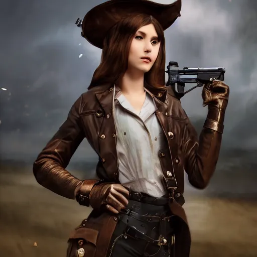 Prompt: Young girl in steampunk clothes, she wears boots and holds a gun, full body shot, sharp focus, photography, very detailed, dark hair, octane render, by greg rutkowski, by nikon, by Iphone, 4k