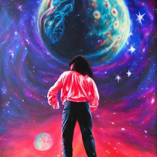 Prompt: painting of Michael Jackson doing the moonwalk in a cosmic scenic environment, trending on Artstation, hyperdetailed, beautiful, stars, planets, nebula, medium shot, mid-shot