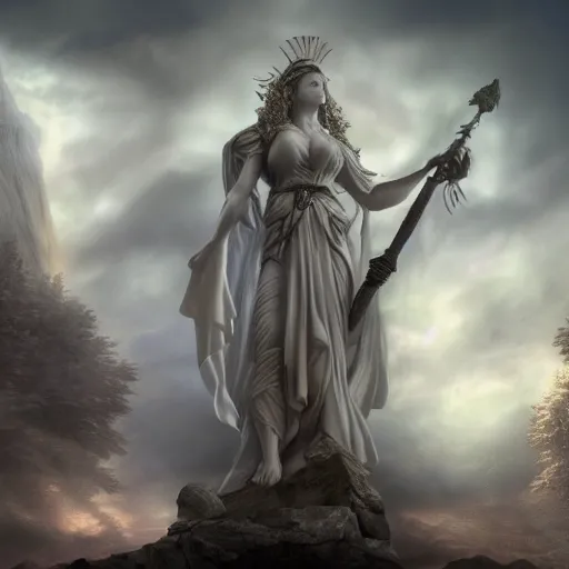 Image similar to lady justice, epic fantasy art, mystical atmosphere, epic, supernatural, goddess, mythology, landscape, clouds, mist, high detail, high definiton, ultra realistic, hyper realistic, ultra hd, 4 k uhd