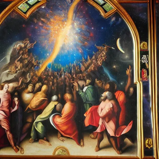 Prompt: creation of the universe painted in the gent altar piece