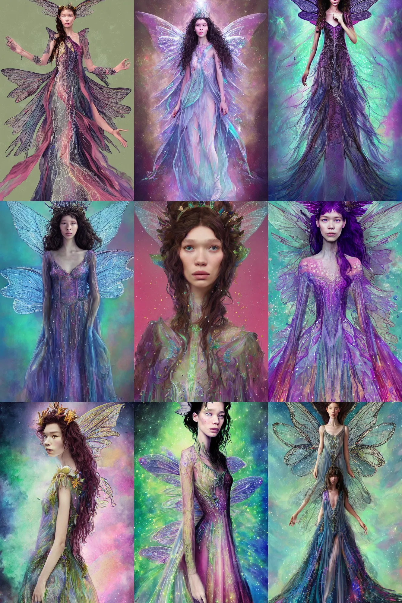 Prompt: masterwork full body portrait of astrid berges frisbey as a fairy queen. digital illustration. wearing a dress made out of space. fading into space. trending on art station, fluid, dreamy, ethereal, vivid colours. sharp focus. highly detailed face. wow! by annie stegg.