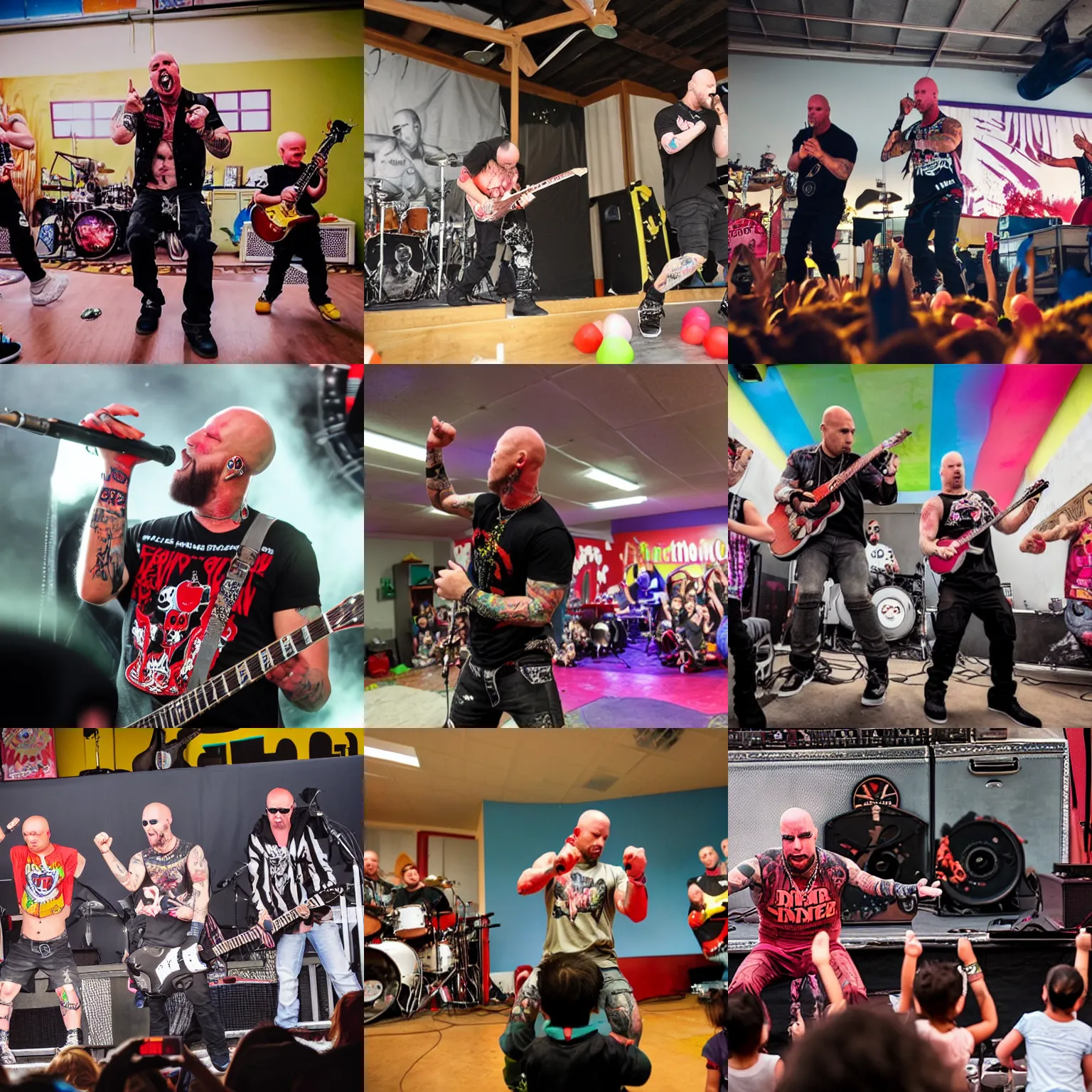 Prompt: One Finger Death Punch performing at a children's daycare