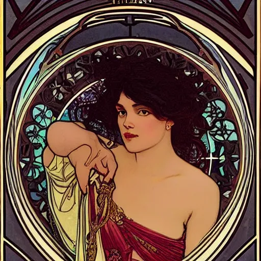 Image similar to tessa thompson portrait by louis - theophile hingre and alphonse mucha, realistic, sharp focus, zodiac signs, tarot cards, planets, ethereal, art nouveau, magic, moon, sun, crown, dreamy, royal, jewellery