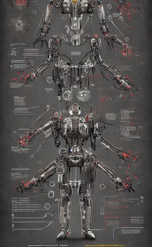 Image similar to anatomy of the terminator, robot, cyborg, t100, bloodborne diagrams, mystical, intricate ornamental tower floral flourishes, rule of thirds, technology meets fantasy, map, infographic, concept art, art station, style of wes anderson