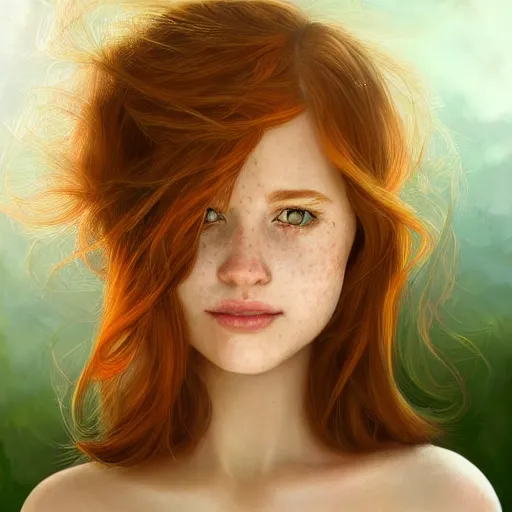 Image similar to highly detailed portrait of a red haired girl, long hair, green eyes, hint of freckles, beautiful round face, soft amazed smiles, among golden fireflies, deep focus, elegant, digital painting, smooth, sharp focus, golden ratio, illustration, ultra realistic, 8 k, art by artgerm and caravaggio