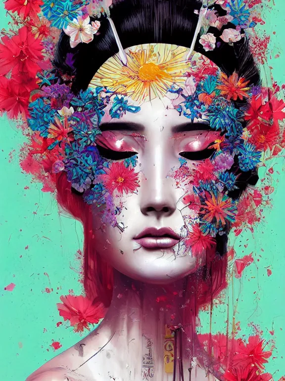 Prompt: art portrait of geisha with flower exploding out of head,by tristan eaton,Stanley Artgermm,Tom Bagshaw,Greg Rutkowski,Carne Griffiths,trending on DeviantArt,face enhance,chillwave,minimalist,cybernetic, android, blade runner,full of colour,