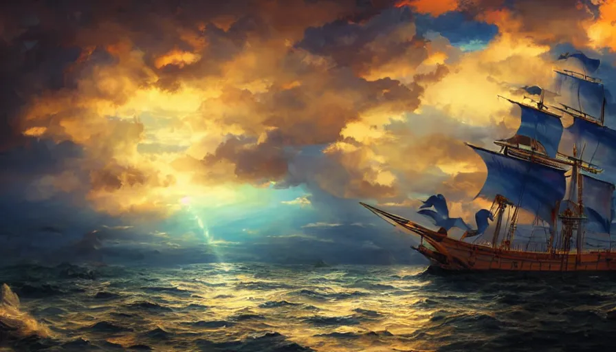 Image similar to pirate ship sailing, boisterous heaven, raging sky, sun lighting through clouds, with blue light piercing through clouds, makoto shinkai, royal blue colors, lighting refraction, volumetric lighting, pixiv art, highly detailed, anime art, symmetrical, wlop, anime art