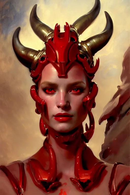 Image similar to painted close - up portrait of a very attractive red - skinned intimidating demon robot humanoid girl with ram horns! oil painting, wearing a noblewoman's outfit, fantasy art by john singer sargent and gaston bussiere and james jean and greg rutkowski, demon noble character design, hd