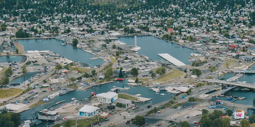 Image similar to bird's eye view of a small city, trailer park, a road, bridge, and inlet with docking area. town hall. photography