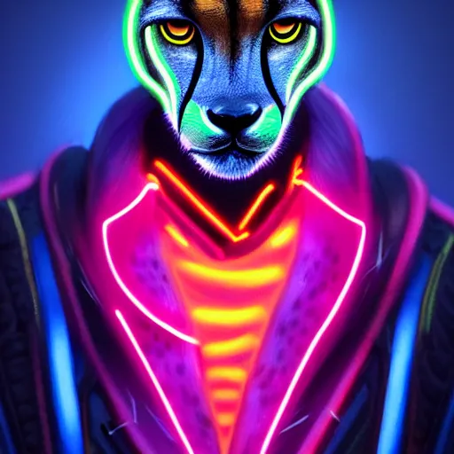 Image similar to a beautiful commission of a male anthropomorphic cheetah wearing a neon jacket,futuristic,detailed face,character design by charles bowater,mohawk,cyberpunk style,deviantart,artstation,art by greg rutkowski,ross tran,professional lighting,neon city,night,raytracing,rtx,highly realistic,4k