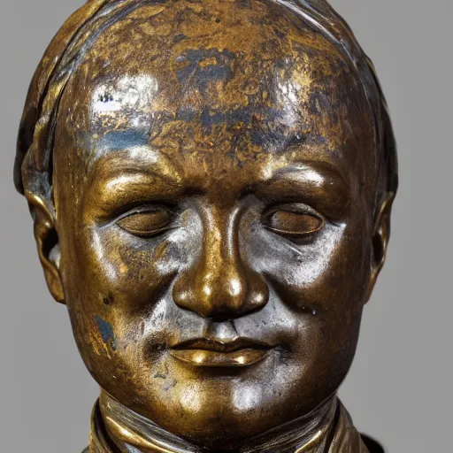 Image similar to detailed photo of an old bronze patina statue of a khamzat chimaev bust, intricate detail, museum lighting