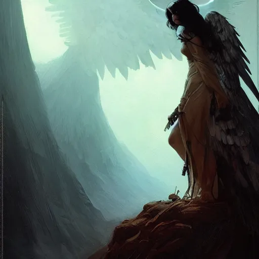 Image similar to a portrait of a beautiful angel of death in a scenic environment by marco bucci and greg rutkowski and frank frazetta, sharp focus, detailed, cinematic, closeup