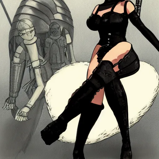 Image similar to nier 2 b reclining in heavy armor by studio ghibli