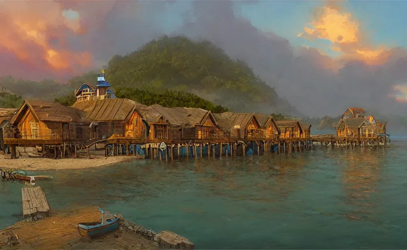 Prompt: a fisher village on an island, wood piers on the beach, scenic view, sunset, matte painting by marc simonetti and rhads and donato giancola, trending on artstation