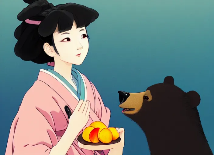 Image similar to digital painting of a girl wearing a kimono giving a peach to a large anthropomorphic asian black bear, featured in artstation, artgerm, octane render, award winning, cinematic, elegant, intricate, 8 k, close up, in the style of studio ghibli and heikala and alphonse mucha,