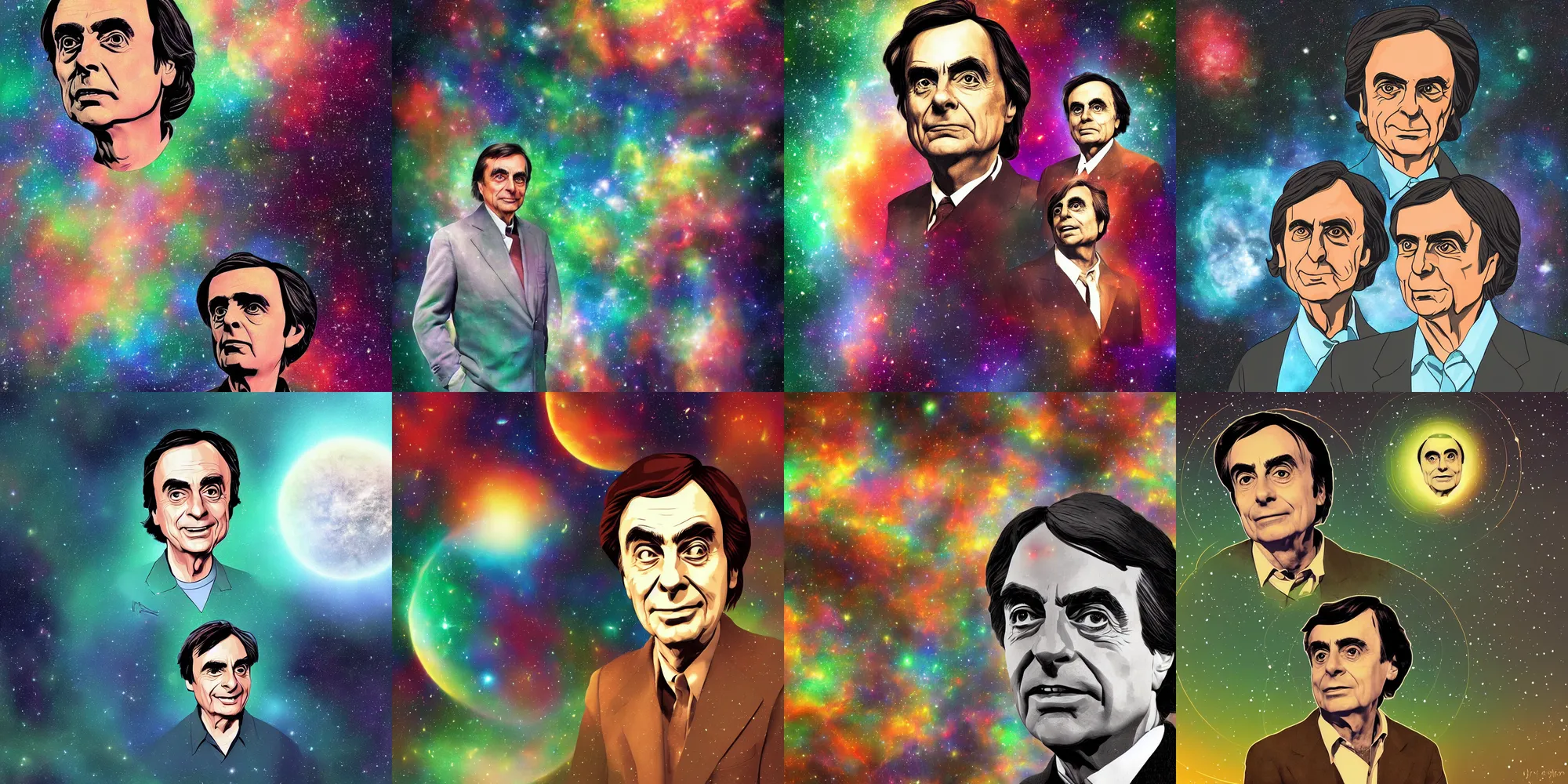 Prompt: portrait of Carl Sagan in Cosmos, digital art in the style of Mad Dog Jones