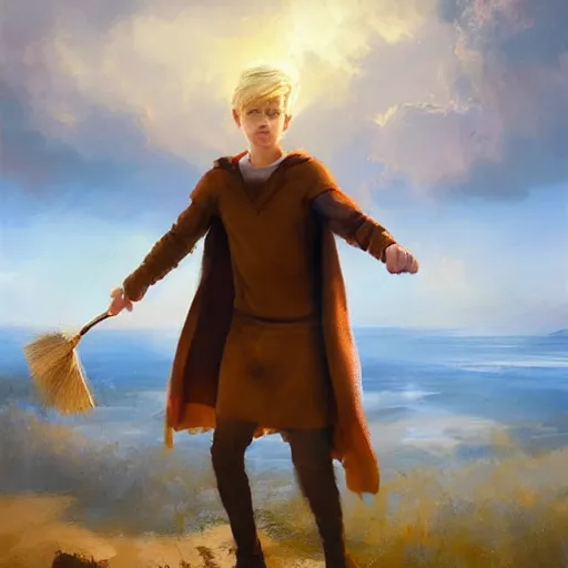 Image similar to blonde boy with golden eyes wearing a brown cape and flying in t pose, energy background, brush strokes, greg rutkowski, oil painting