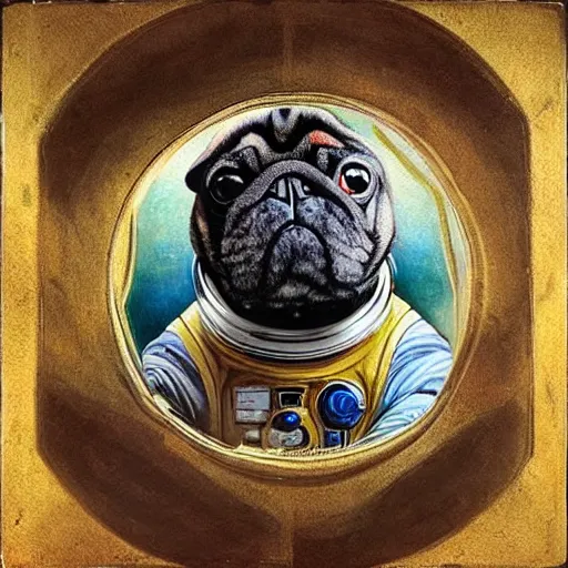 Prompt: golden - ratio, spirals, highly detailed, astronaut pug in outer space painted by davinci.