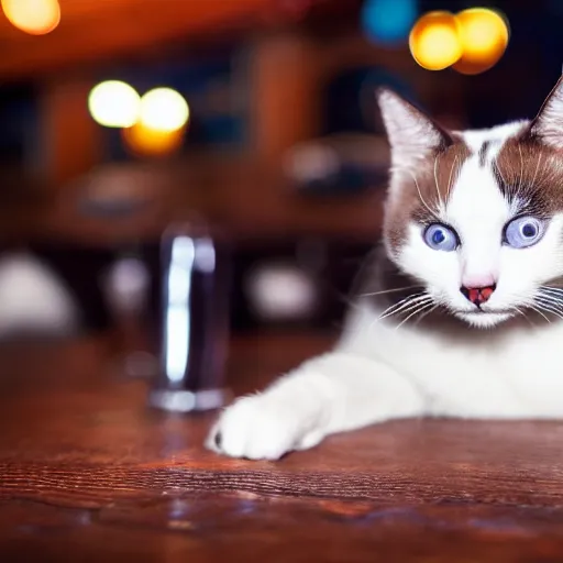 Image similar to cute snowshoe cat taking a nap at the bar, cinematic lighting,