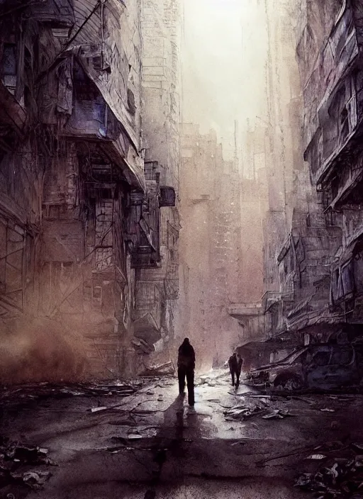 Image similar to portrait, the last man on earth walking the abandoned cities, watercolor, dramatic lighting, cinematic, establishing shot, extremely high detail, foto realistic, cinematic lighting, pen and ink, intricate line drawings, by Yoshitaka Amano, Ruan Jia, Kentaro Miura, Artgerm, post processed, concept art, artstation, matte painting, style by eddie mendoza, raphael lacoste, alex ross