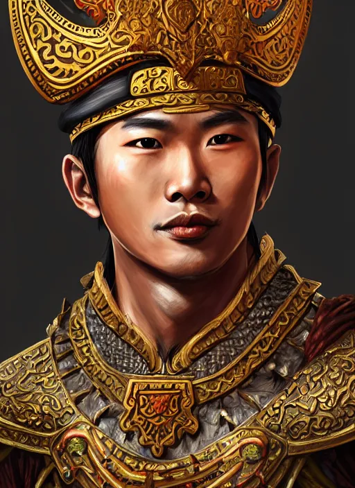 Prompt: king ramkhaheang, close portrait, historical, ethnic group, traditional tai costume, bronze headset, leather shoulder armor, fantasy, intricate, with leather armor cross onbare chest, elegant, loin cloth, highly detailed, oill painting, artstation, concept art, matte, sharp focus, illustration, hearthstone, art by earl norem