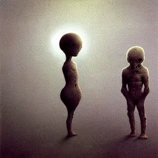 Prompt: cute girl alien meets human boy from Earth by Beksinski