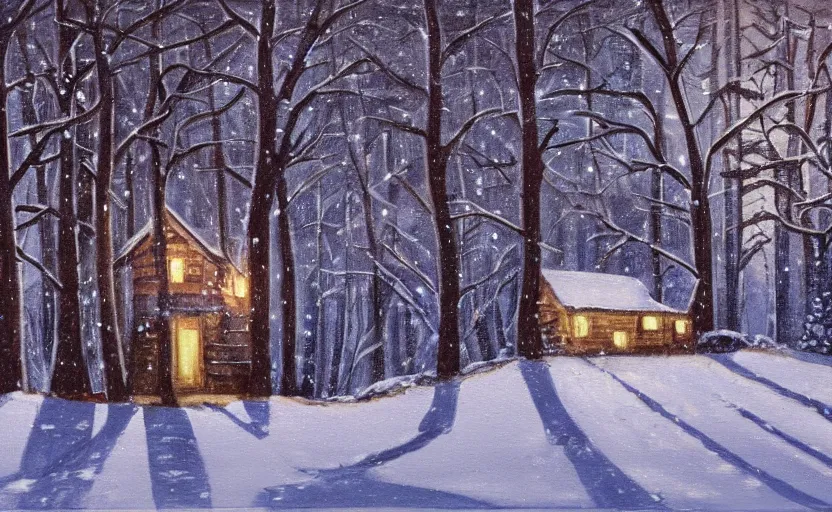 Image similar to snowy forest night scene depicting a single wooden cabin surrounded by the woods with one bright window. a man running away from it leaving footprints in snow. horror. dark contrast. oil painting.
