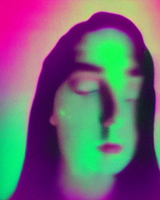 Prompt: electronic woman's face, blank expression, violet and yellow and green lighting, polaroid photo, atmospheric, whimsical and psychedelic, grainy, expired film, super glitched, corrupted