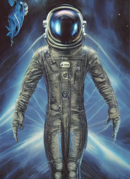 Image similar to astronaut in dark void underwater - complex and hyperdetailed technical suit design. reflection and dispersion materials. rays and dispersion of light. volumetric light. f / 3 2. noise film photo. flash photography. ultra realistic, 5 0 mm. poster by wayne barlowe, hajime sorayama aaron horkey, craig mullins