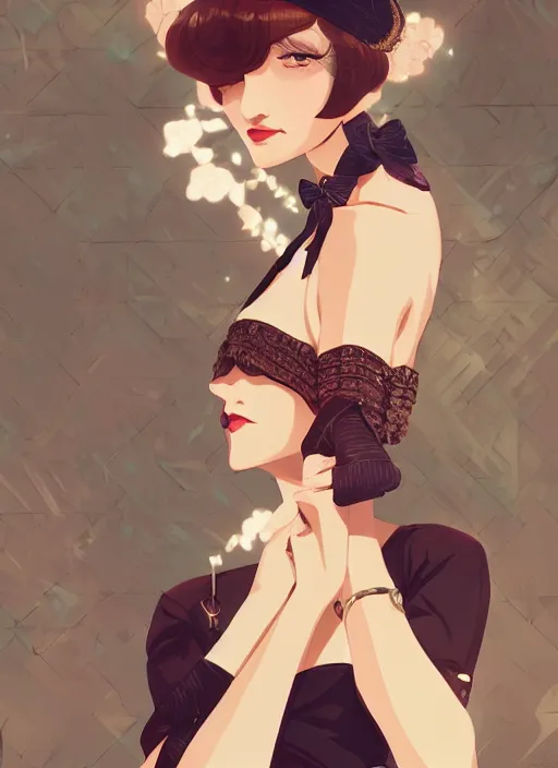 Image similar to a beautiful woman in 1920\'s flapper style fashion, speakeasy bar background, 4k, anime key visual, lois van baarle, ilya kuvshinov, rossdraws, artstation