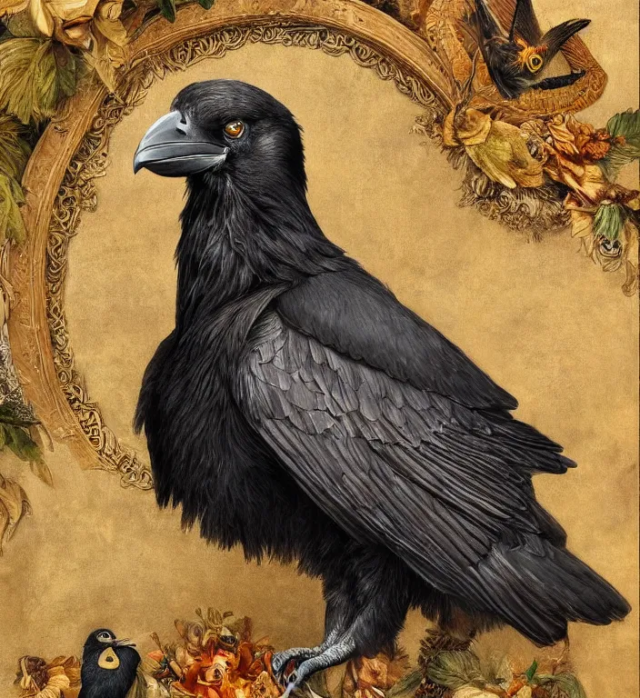 Prompt: a breathtakingly stunningly beautifully highly detailed animal portrait of a majestic raven, ornately framed, by rosetti and devinci and michael cheval and sidney cooper and turner, 4 k