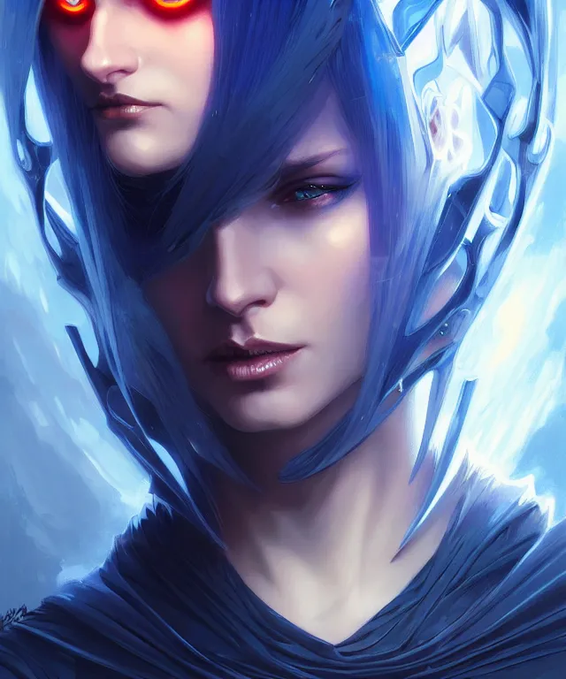 Image similar to futuristic vampires portrait, sci-fi, fire eyes, face, short blue hair, fantasy, intricate, elegant, highly detailed, digital painting, artstation, concept art, smooth, sharp focus, illustration, art by artgerm and greg rutkowski and alphonse mucha