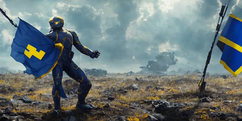 Image similar to an octane render of super soldier with Ukrainian blue and yellow flag at the battle field of avengers endgame, cinematic, high resolution film render 100k, photo realistic, unreal engine