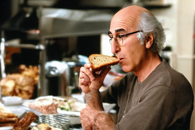 Image similar to larry david eating a sandwich, horror film still, dark atmosphere