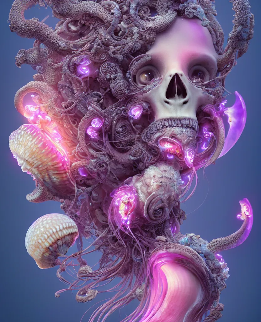 Image similar to goddess princess beautiful face close-up portrait ram skull. jellyfish phoenix head, nautilus, orchid, skull, betta fish, bioluminiscent creatures, intricate artwork by Tooth Wu and wlop and beeple. octane render, trending on artstation, greg rutkowski very coherent symmetrical artwork. cinematic, hyper realism, high detail, octane render, 8k