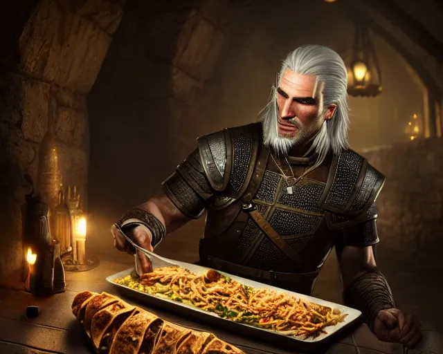 Image similar to 5 5 mm portrait photo of geralt of rivia serving shawarma, in kaer morhen. dark atmosphere. art by greg rutkowski. highly detailed 8 k. intricate. lifelike. soft light. nikon d 8 5 0.