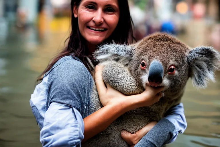 Prompt: closeup portrait of a woman carrying a koala over her head in a flood in Rundle Mall in Adelaide in South Australia, photograph, natural light, sharp, detailed face, magazine, press, photo, Steve McCurry, David Lazar, Canon, Nikon, focus